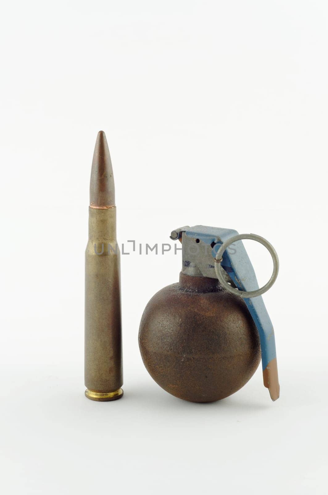 Large cartridge and a grenade insulated on white