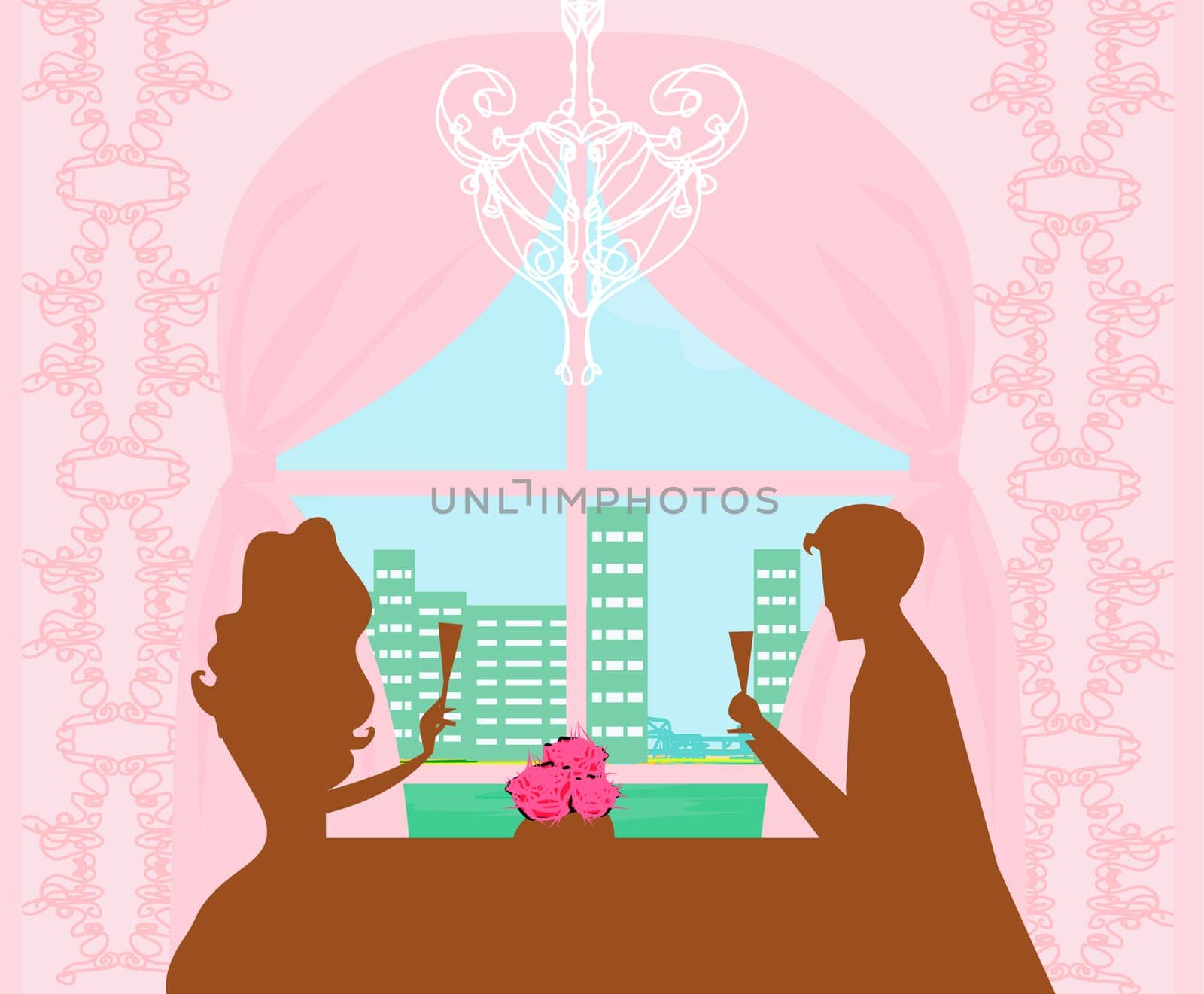 Young couple flirt and drink champagne - invitation card