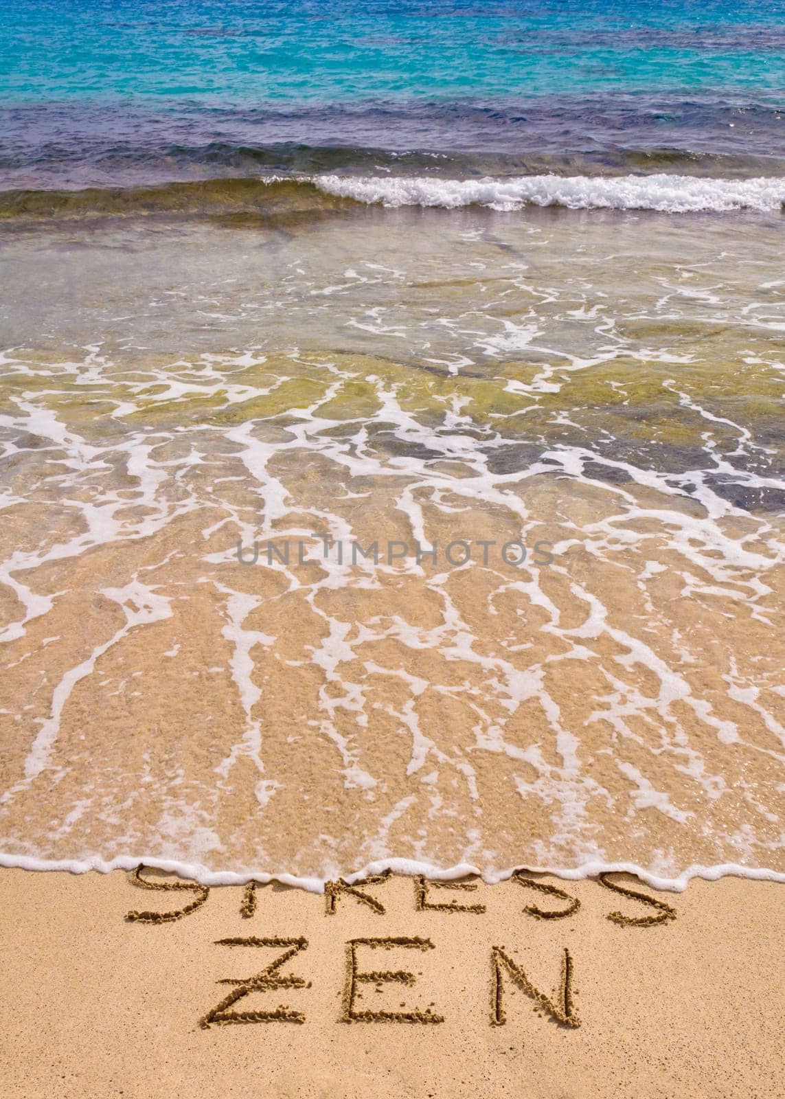 Words Stress anWords Stress and Zen written on sand, Stress word is washed away by waved Zen written on sand, Stress word is washed away by wave