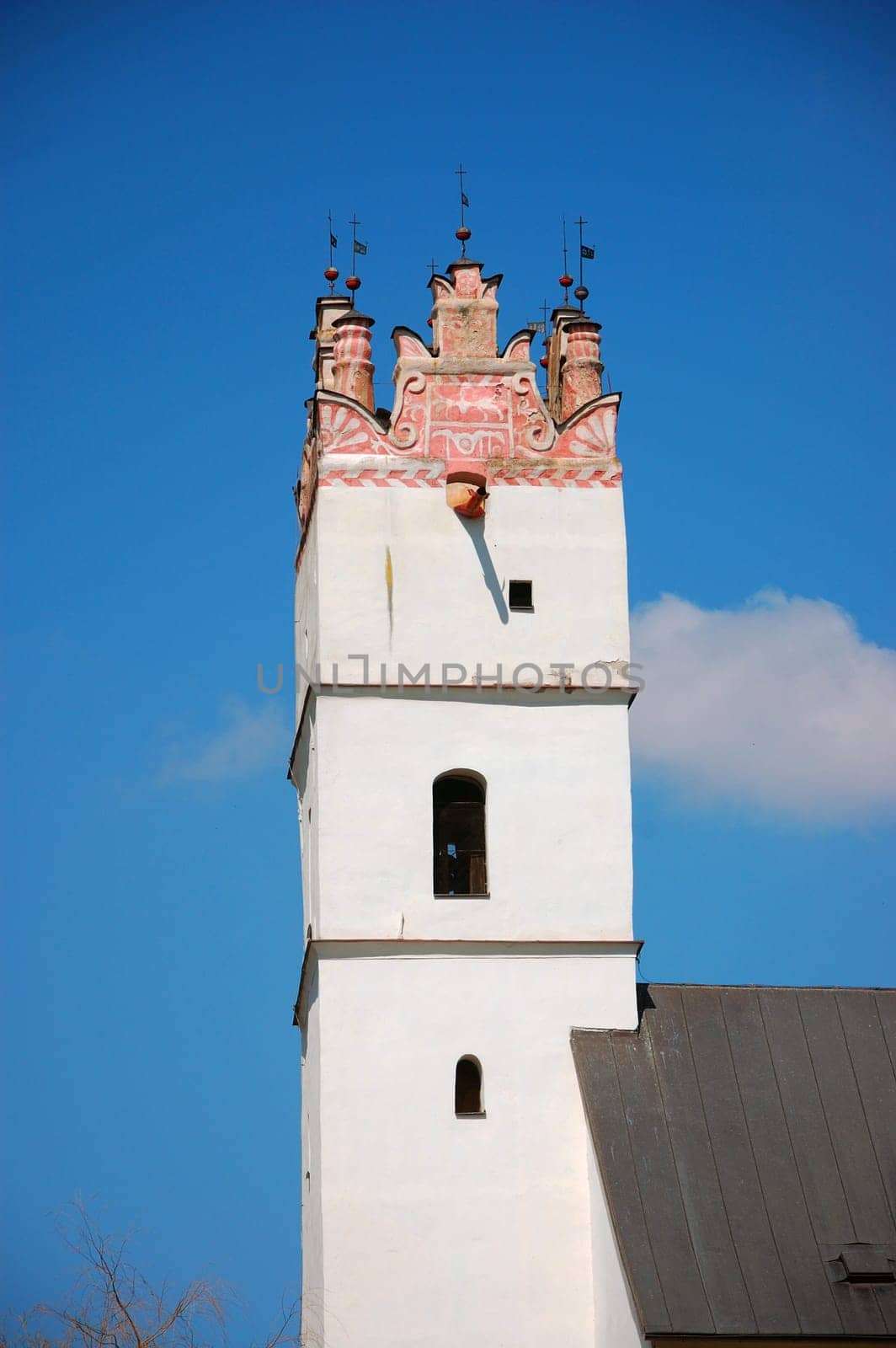 Church tower in village