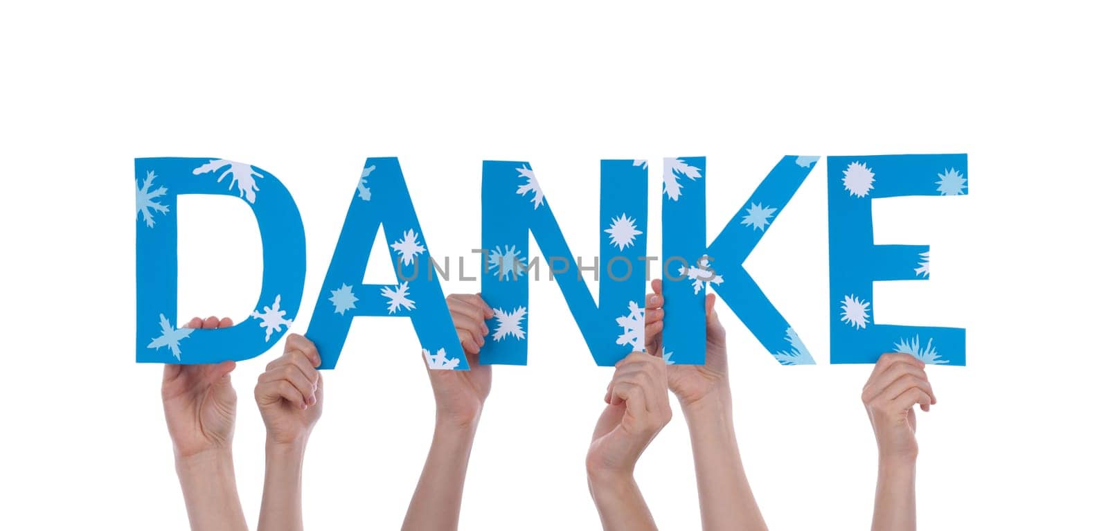 Many People Hands the German Word Danke Which Means Thanks, Isolated