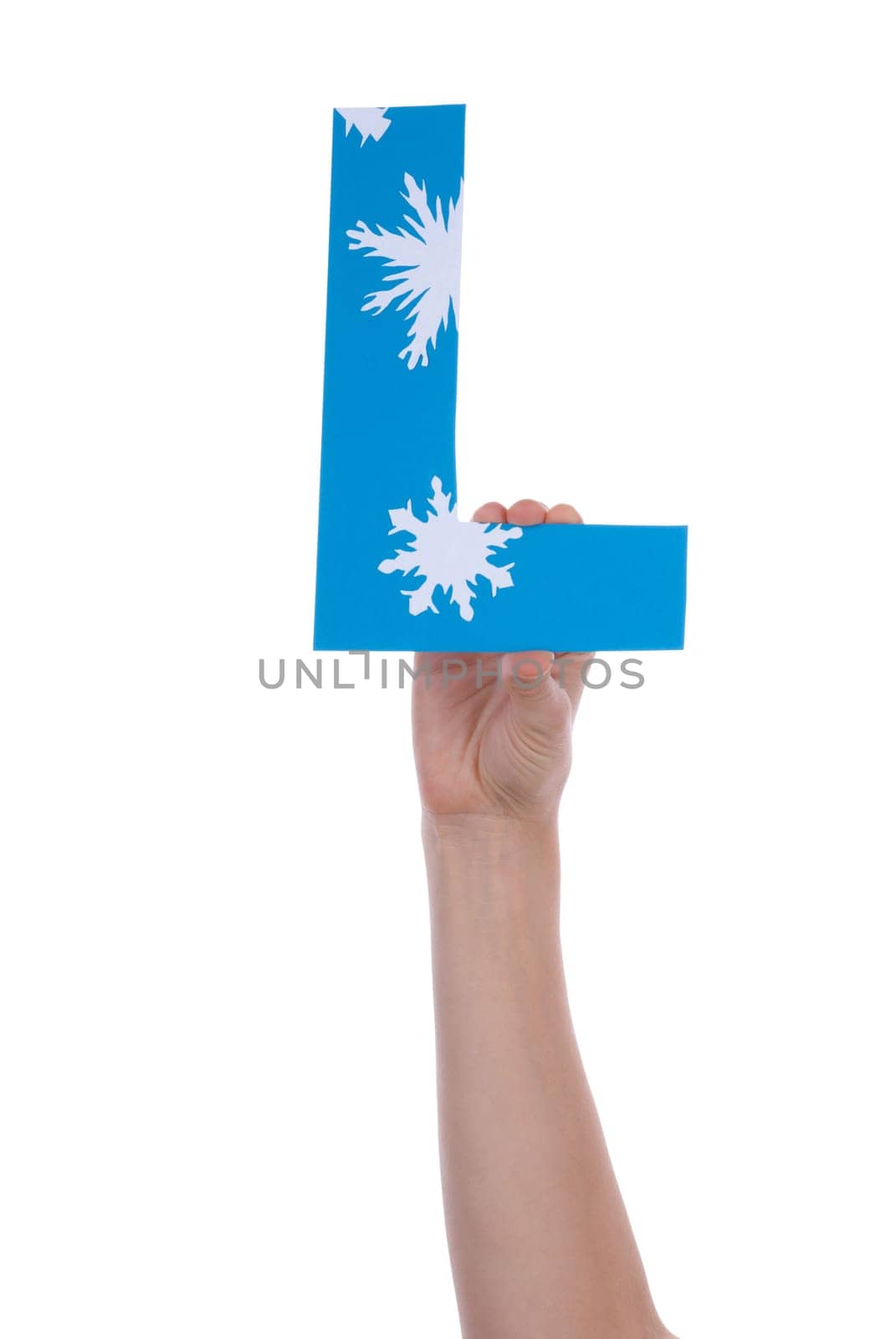 A Hand Holding the Blue and Snowy Letter L, Isolated