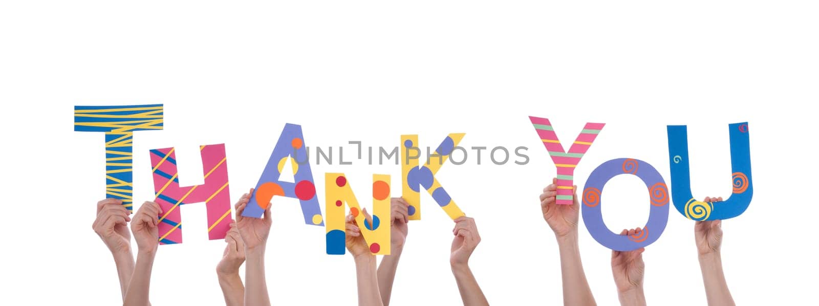 Many Hands Holding a Colorful Thank You, Isolated