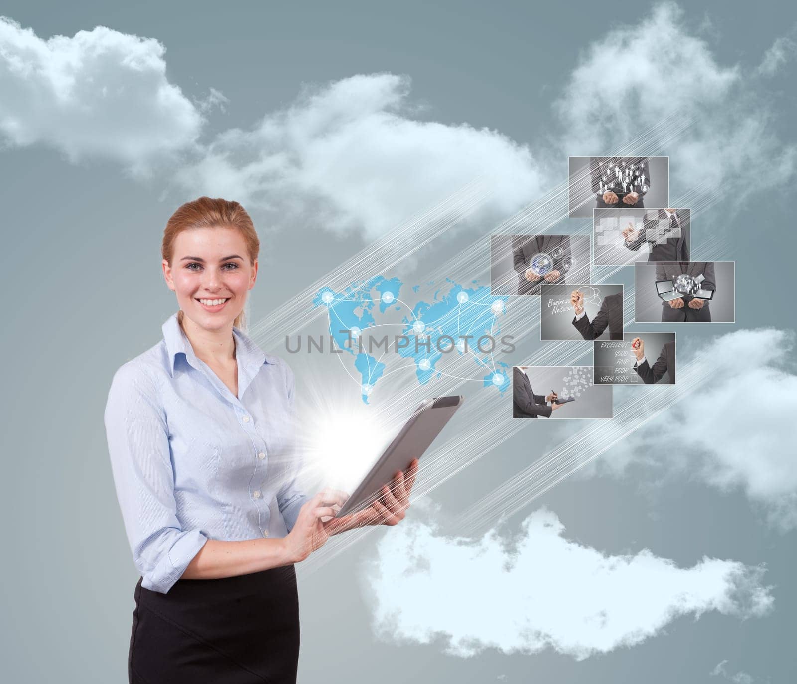 Portrait of businesswoman holding her tablet computer and communicating with her team across the world.