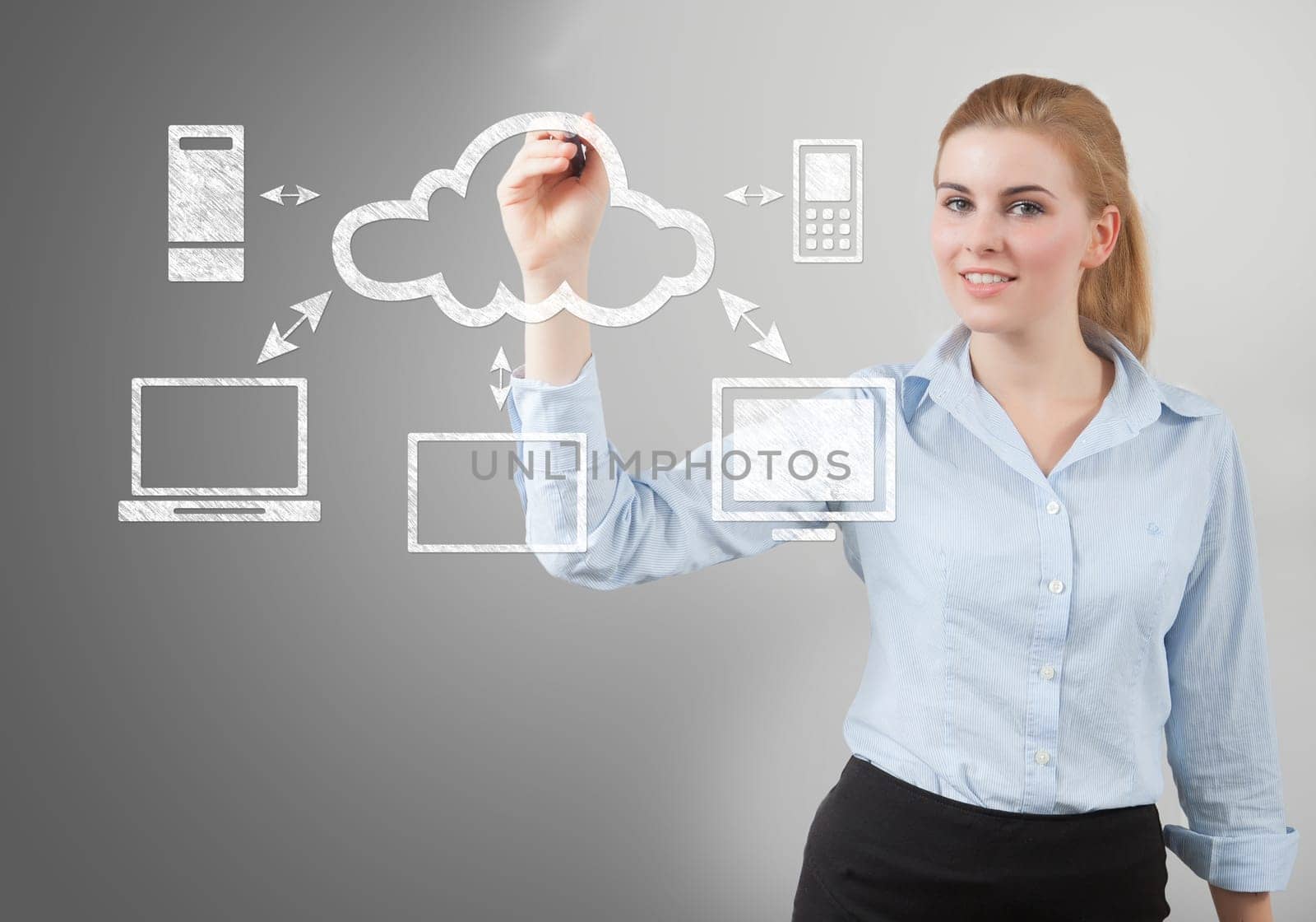 beauty business woman sketch cloud computing concept on glassboard