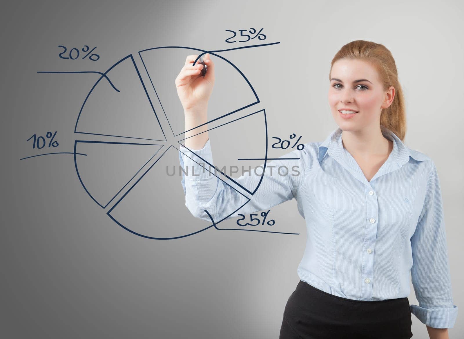 businesswoman hand drawing a pie graph on glass board