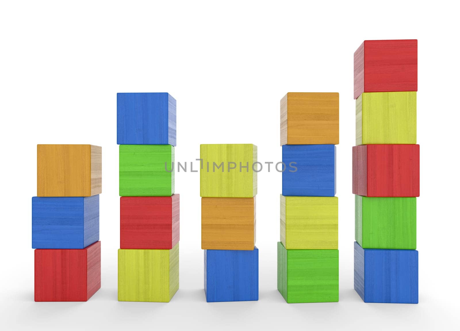 Five colourful towers made of building blocks