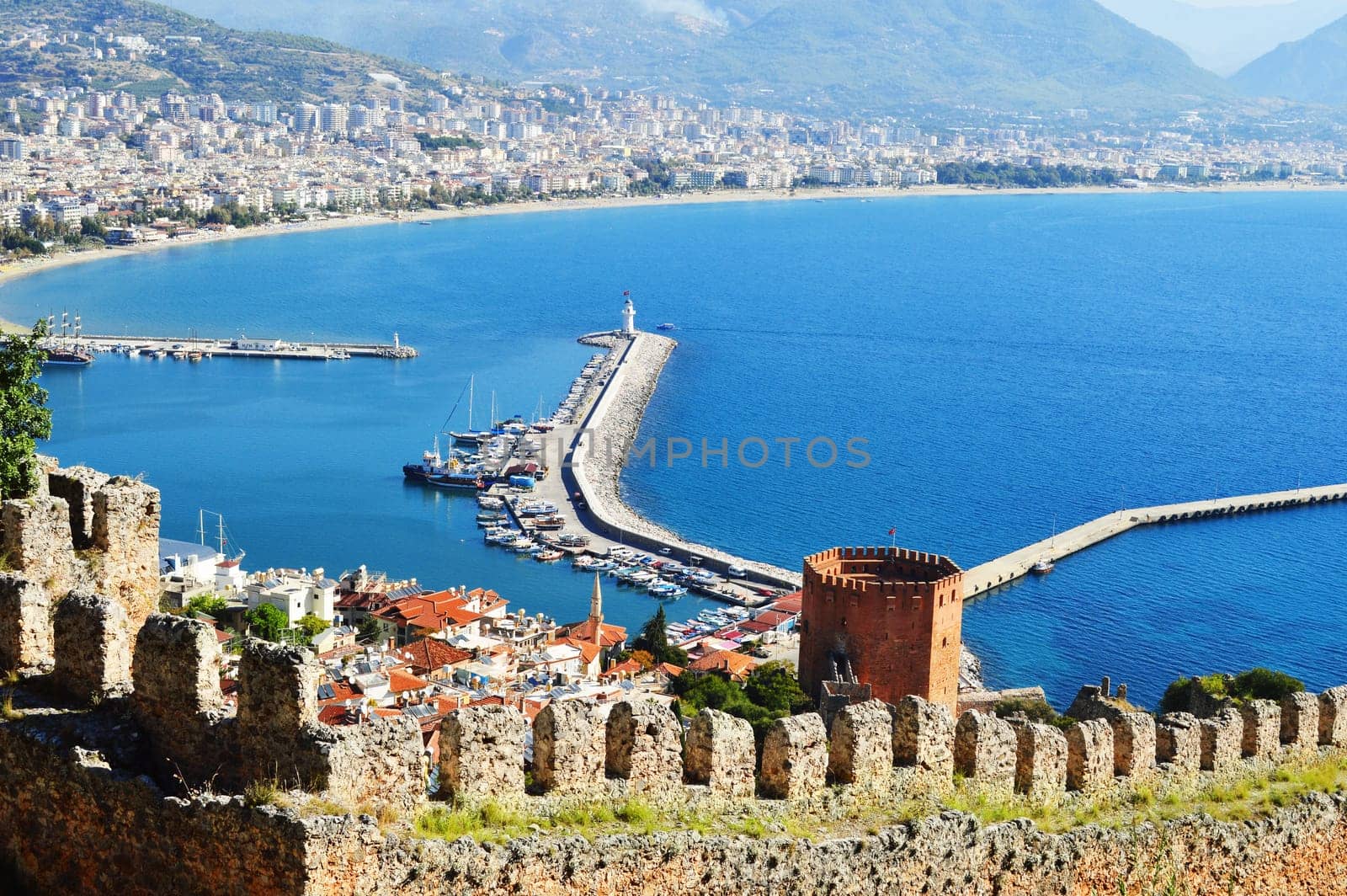 View of Alanya harbor form Alanya peninsula. Turkish Riviera
