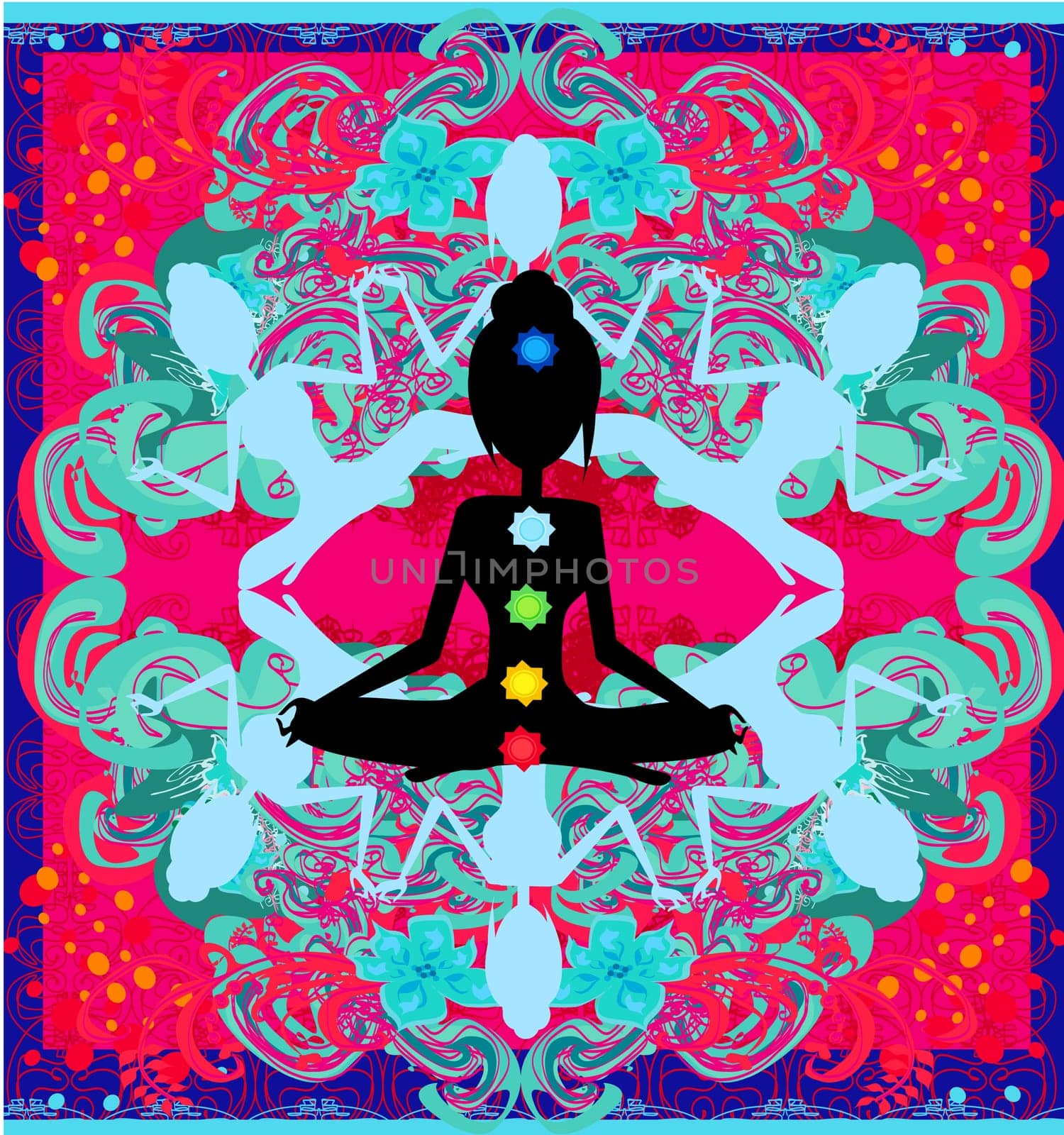 Yoga lotus pose. Padmasana with colored chakra points.
