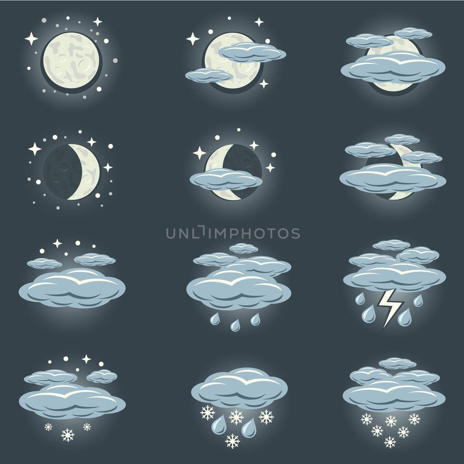 A collection of icons that show night weather