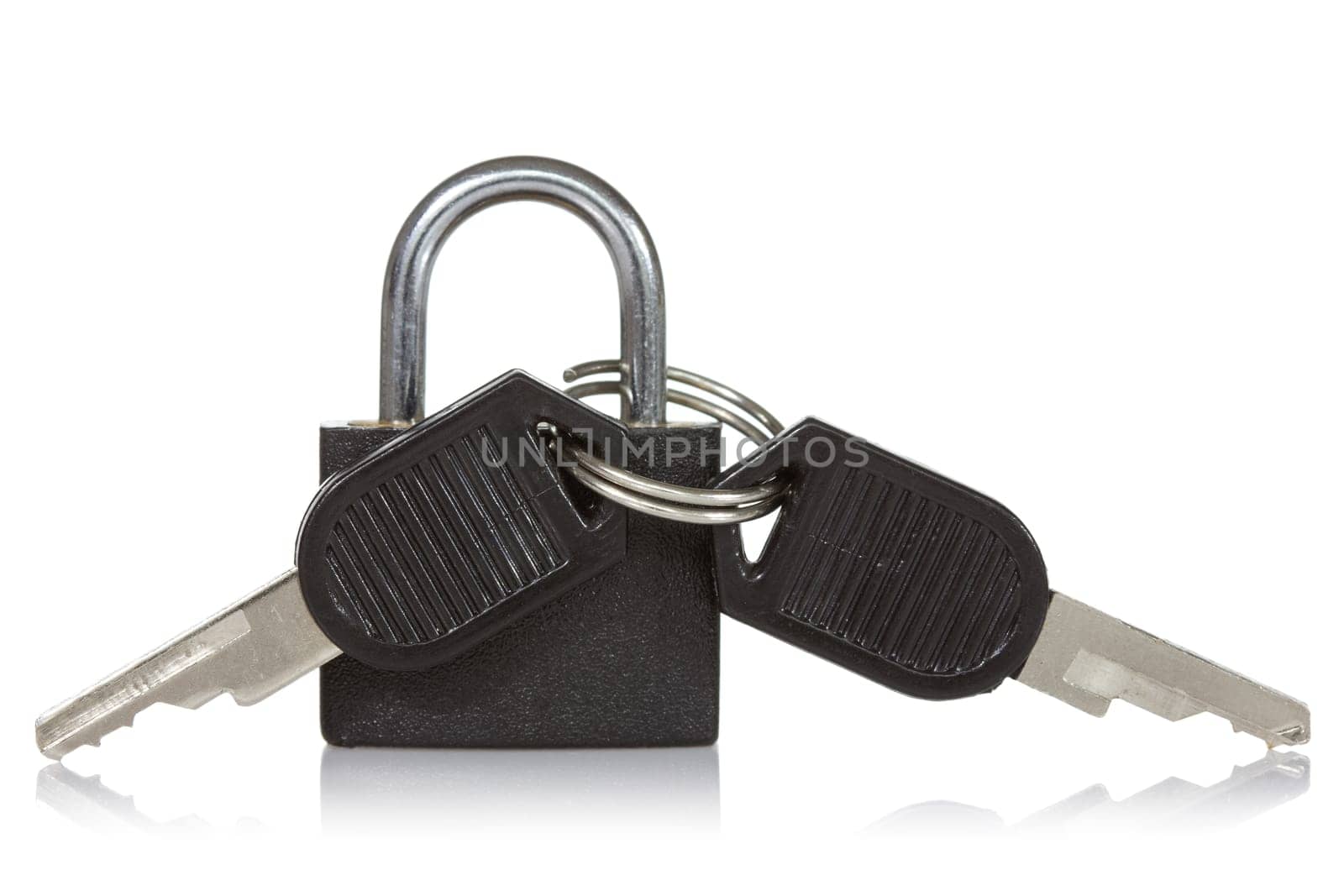 Black padlock with a keys, isolated on white background