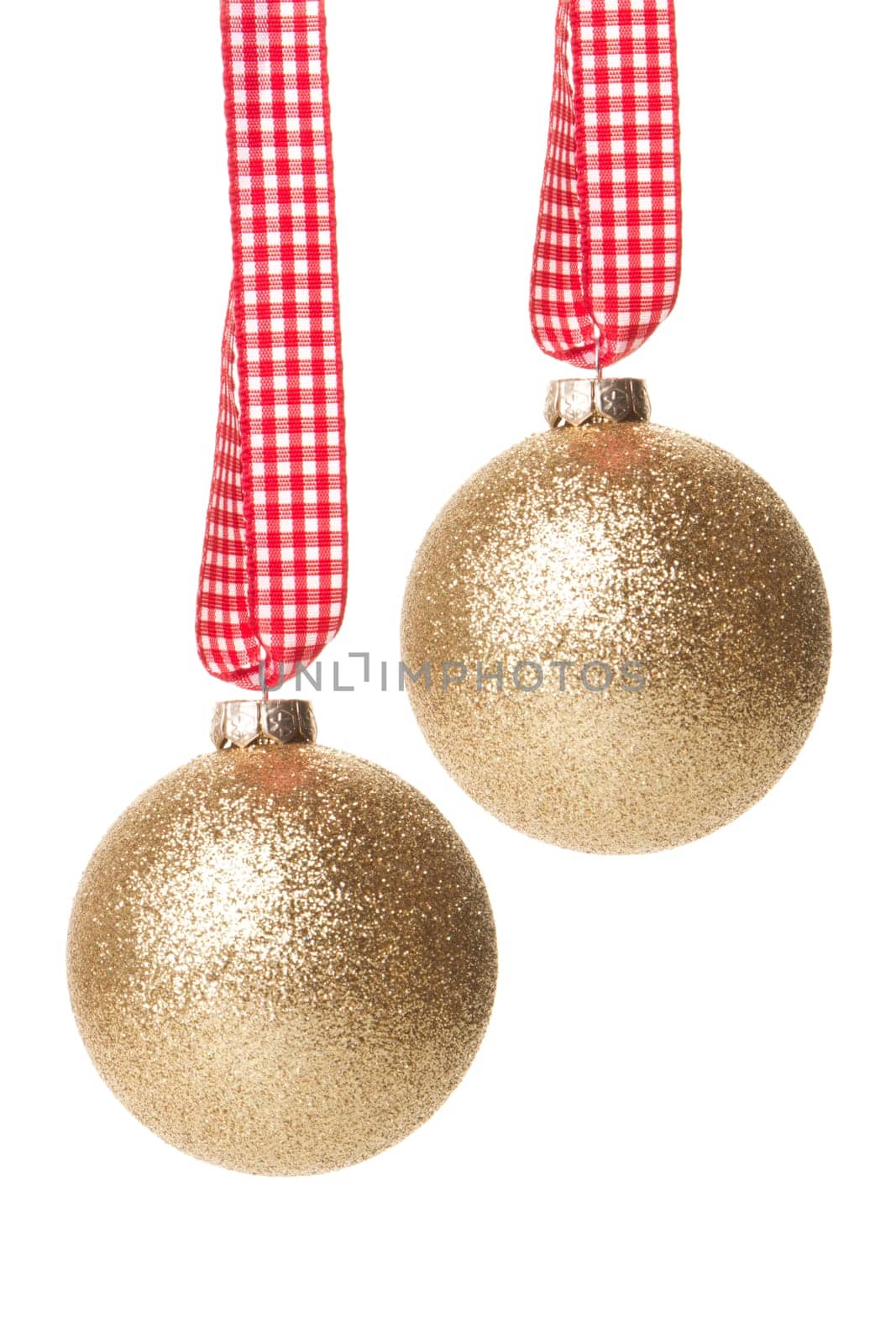 golden Christmas tree baubles insulated hanging with white background