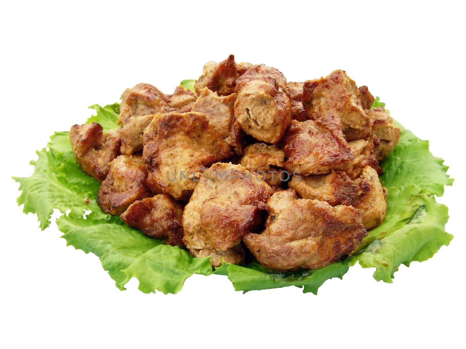 The shish kebab and greengrocery isolated on the white background