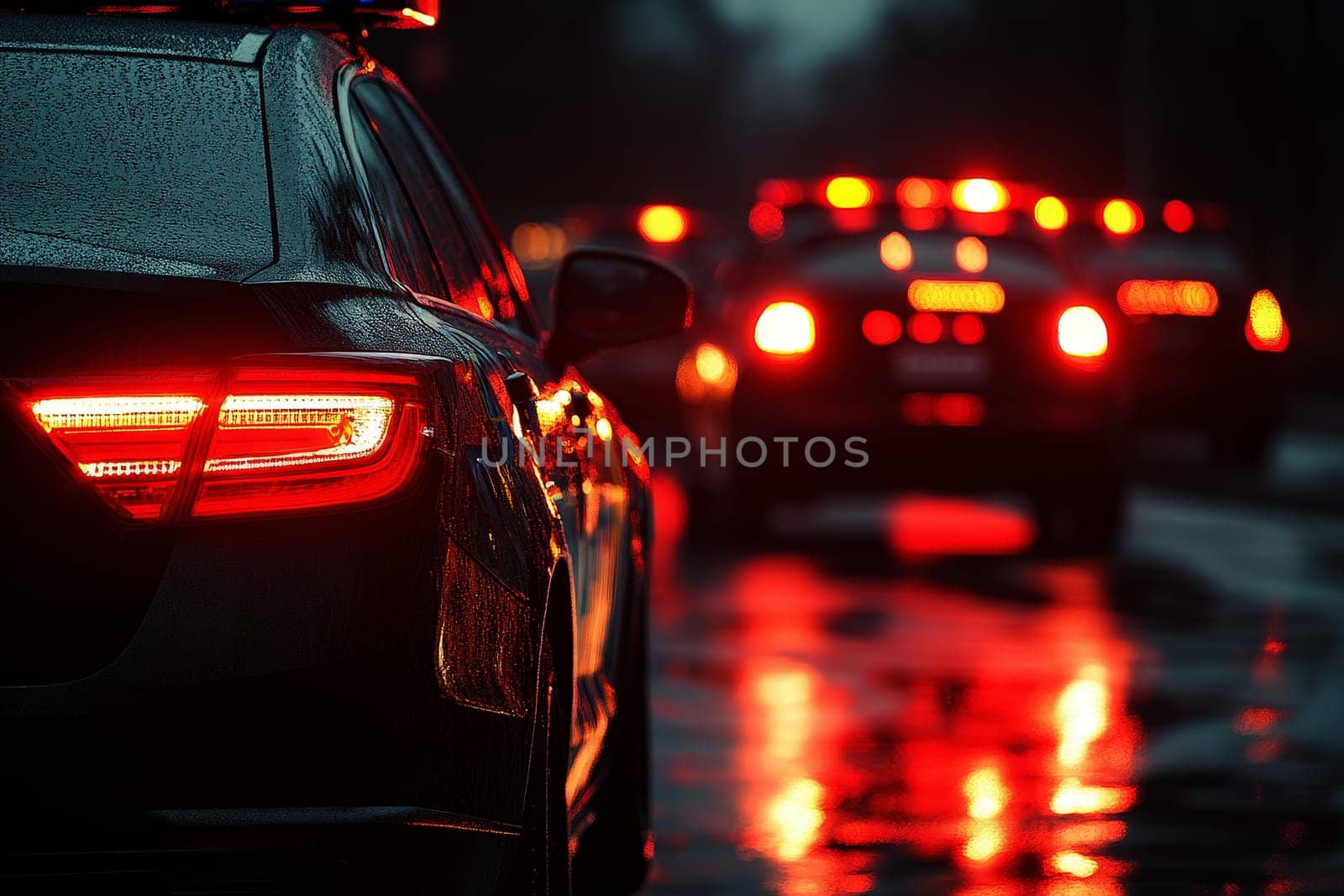 Blurred background of police flashing lights at the crime scene..