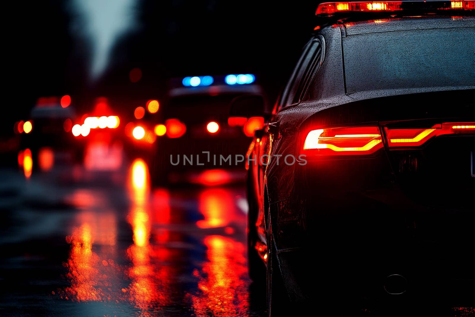 Blurred background of police flashing lights at the crime scene..