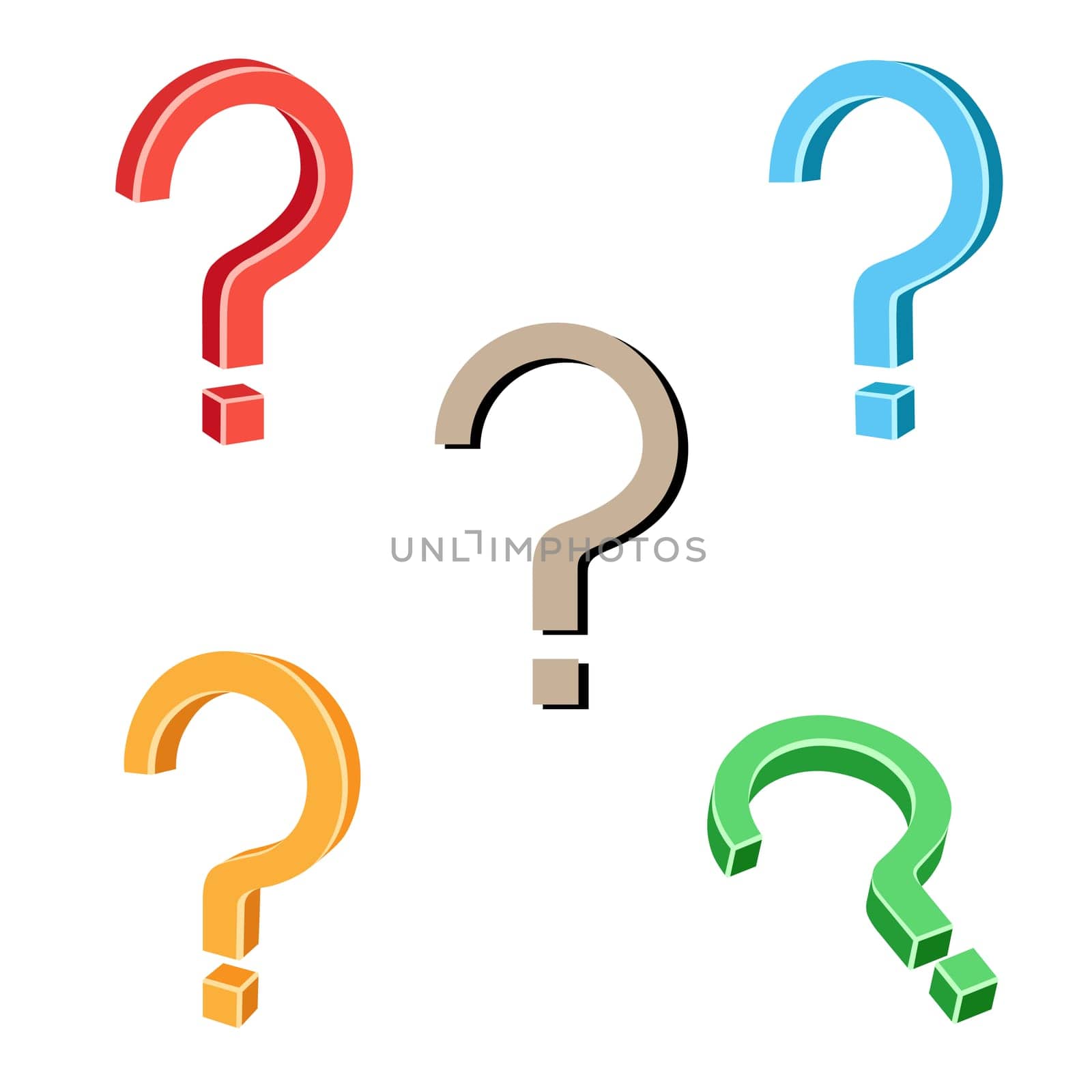 The blue, green, orange and red 3D question symbol isolated on the white background