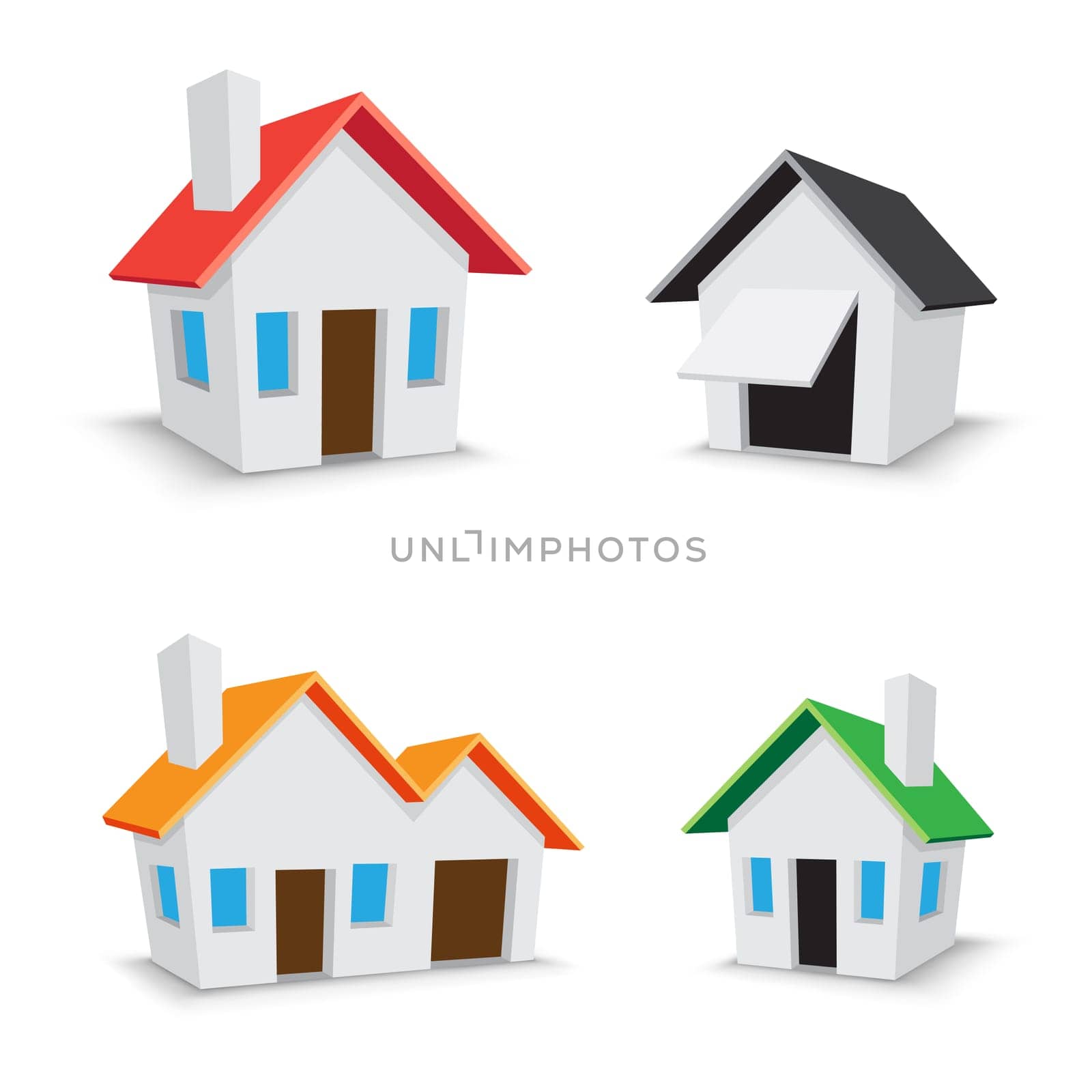 The simple color house icons isolated on the white background