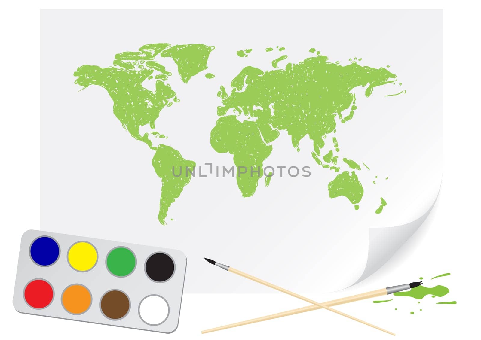 Drawing green map with brush on the white paper