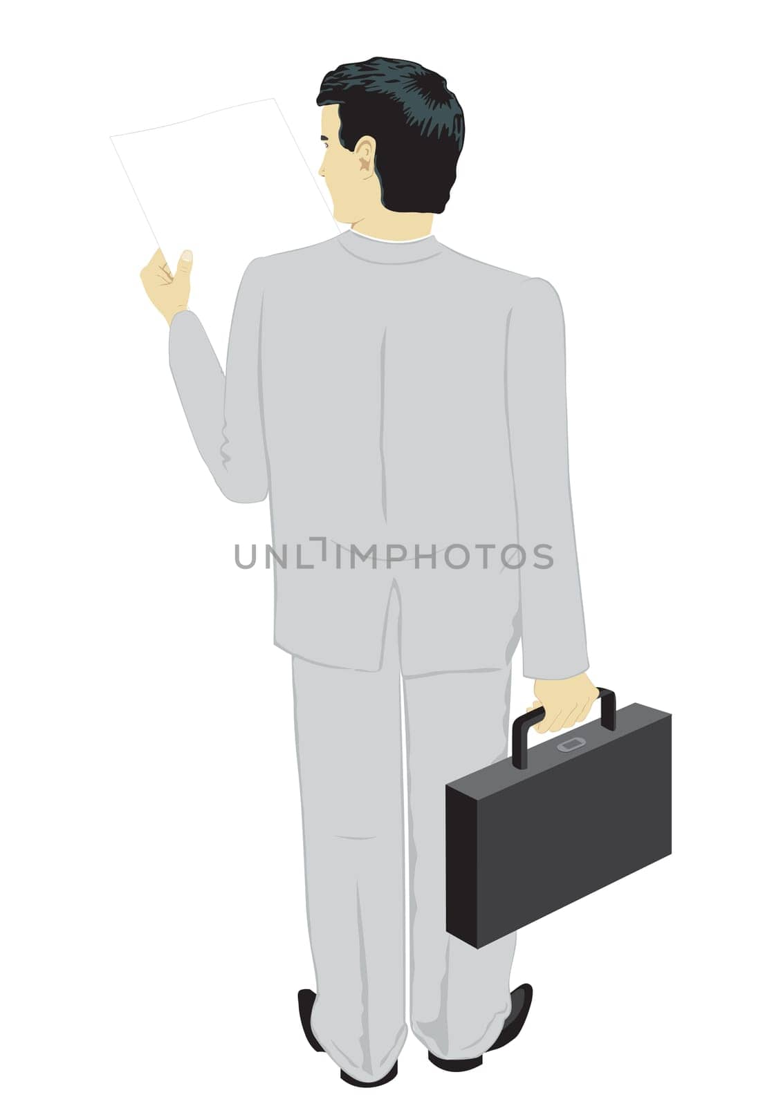 The reading businessman, the rear view, on white background