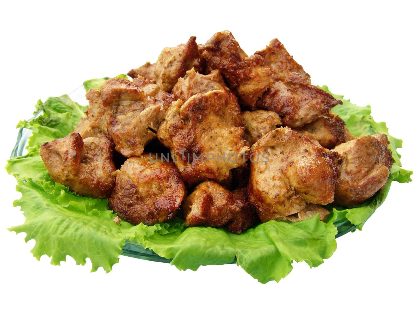 The shish kebab and greengrocery isolated on the white background