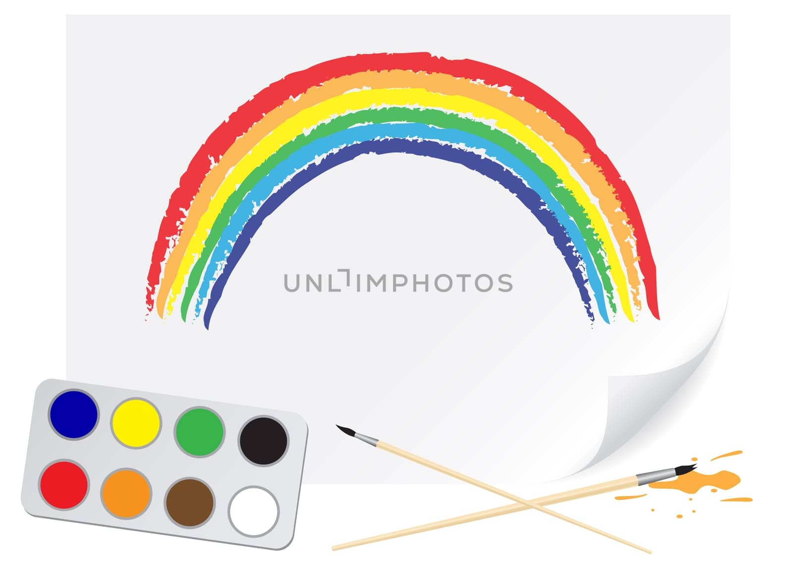 Children drawing of a rainbow a brush paints on a paper