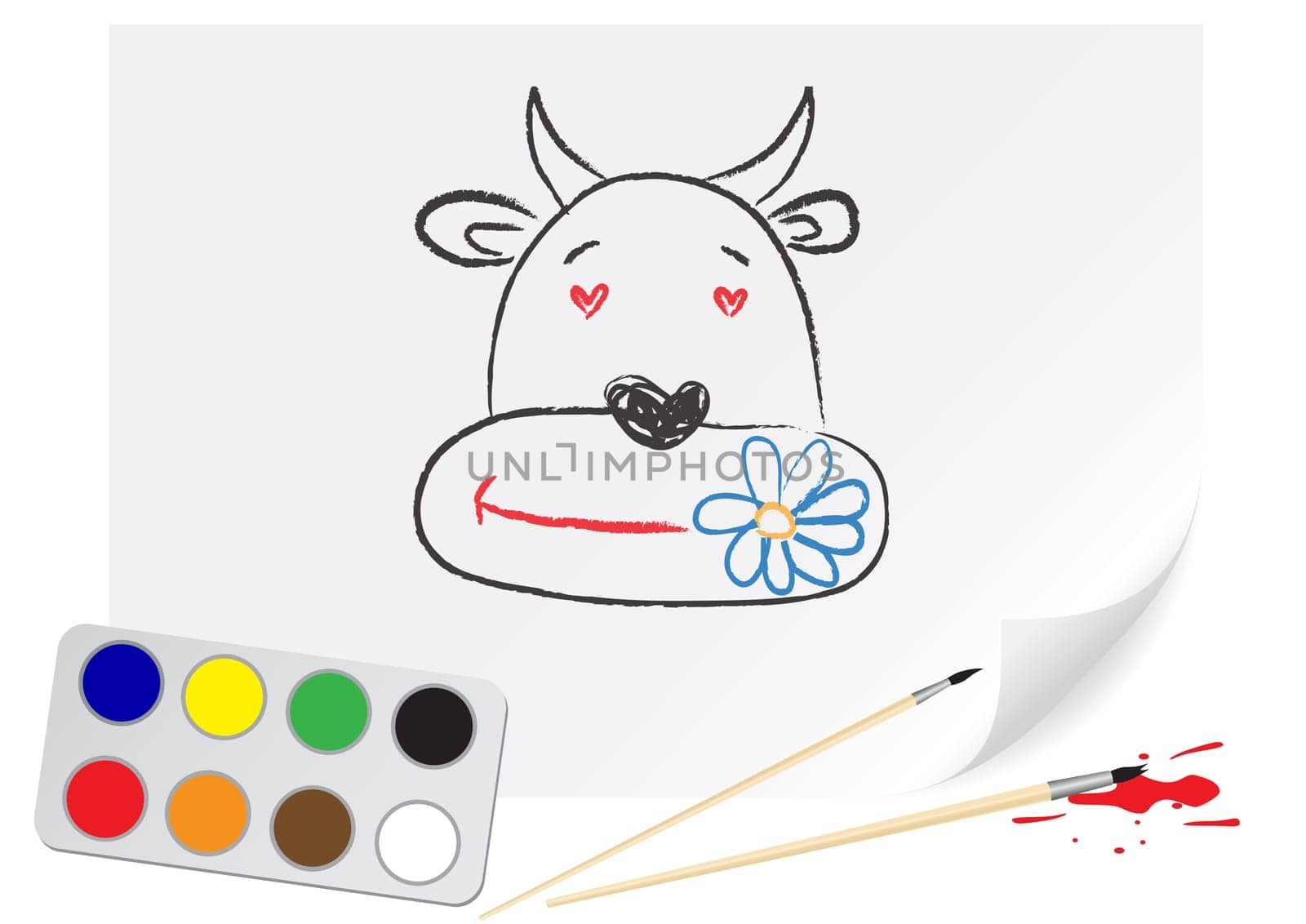 Nursery drawing cow on a paper