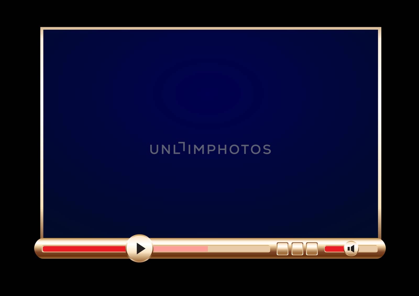 Browser golden video player on the black background