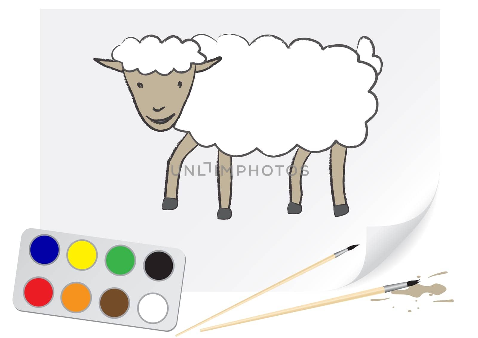 The sheep is drawn on a paper by a brush
