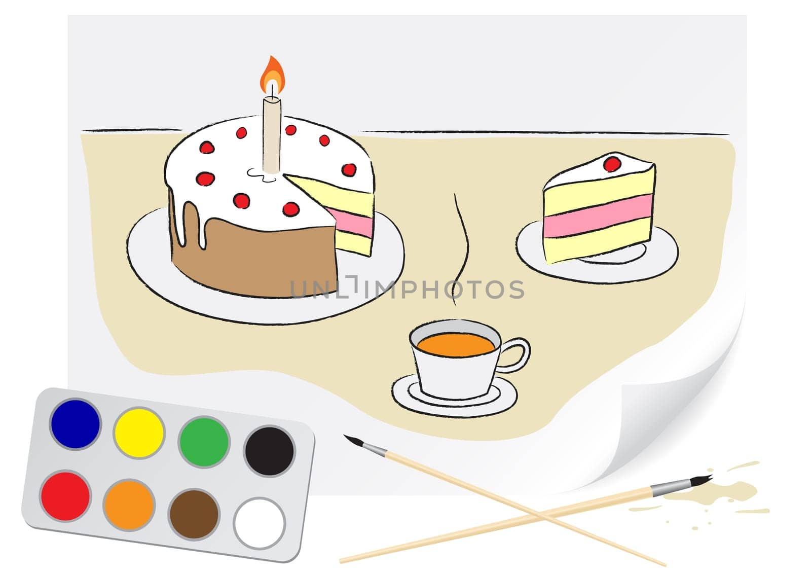 Children drawing of a birthday cake a brush paints on a paper