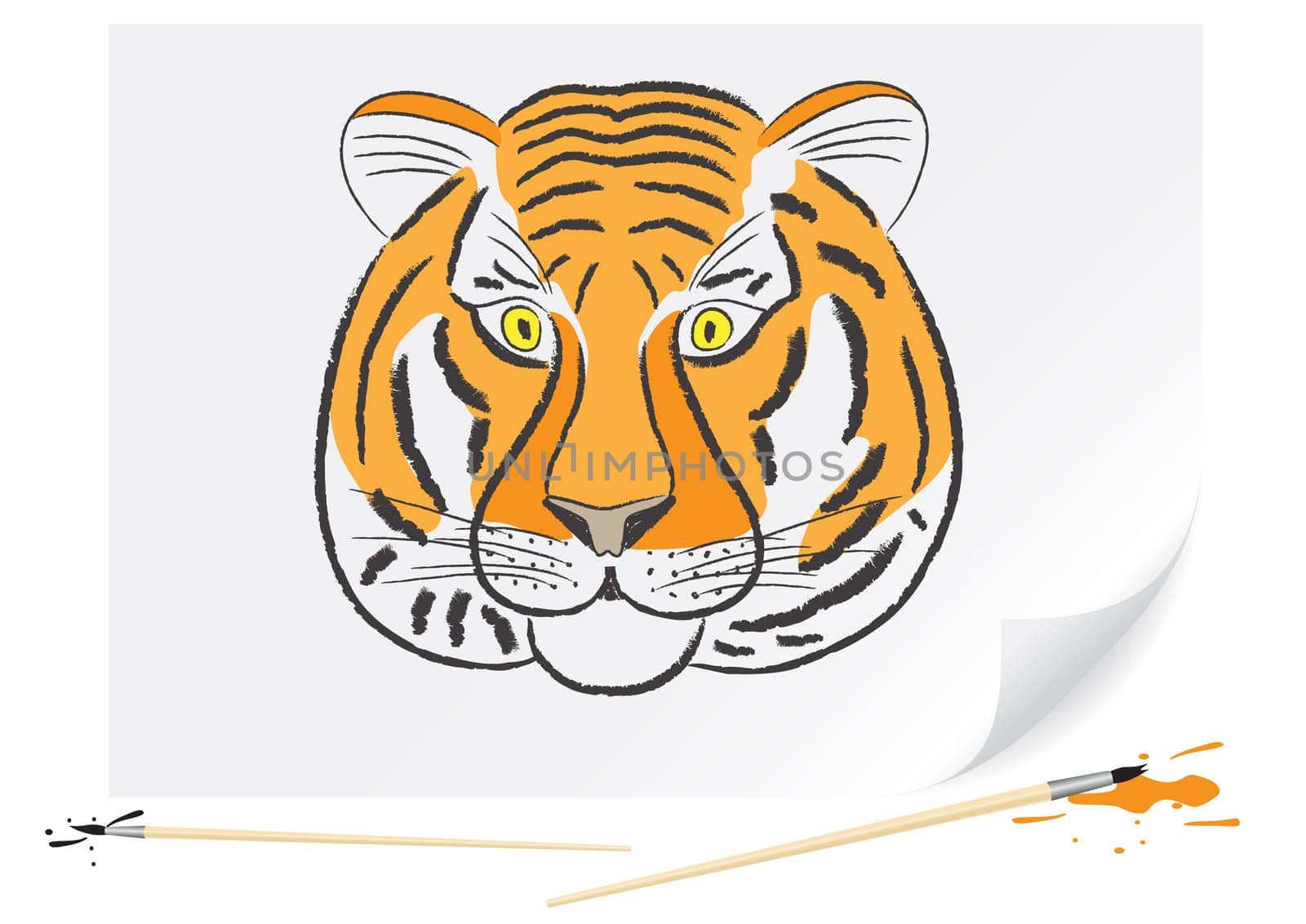 Children drawing of a tiger a brush paints on a paper