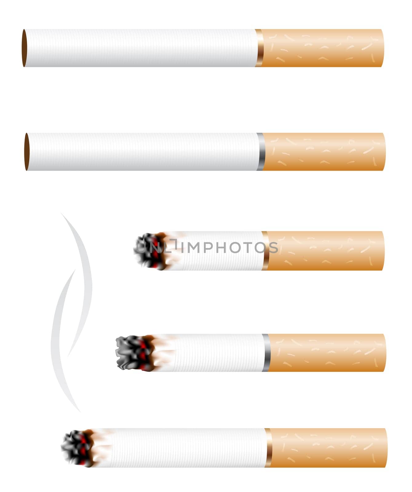 The cigarette and smoke stub isolated on white background