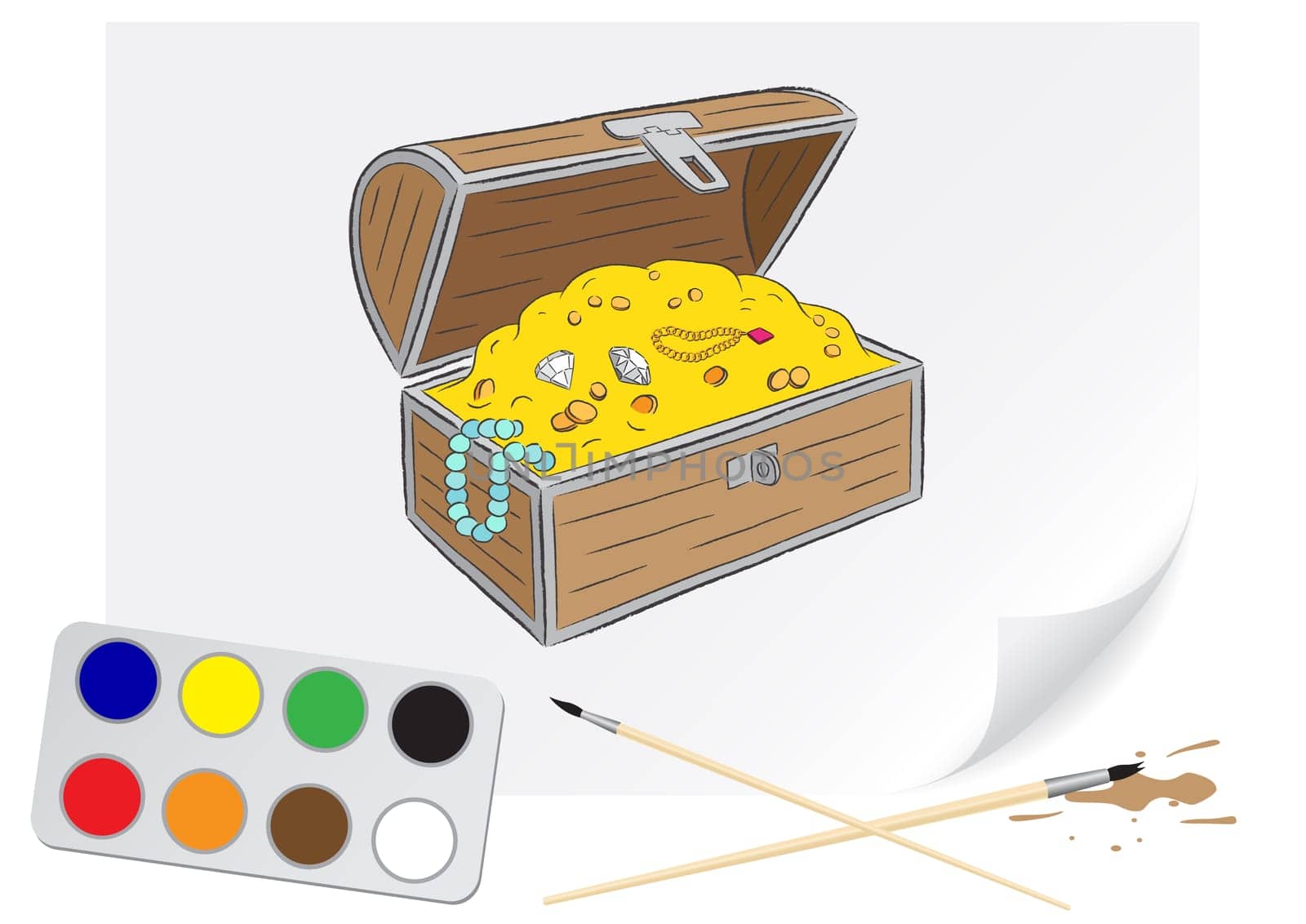 Children drawing chest of treasures a brush paints on a paper