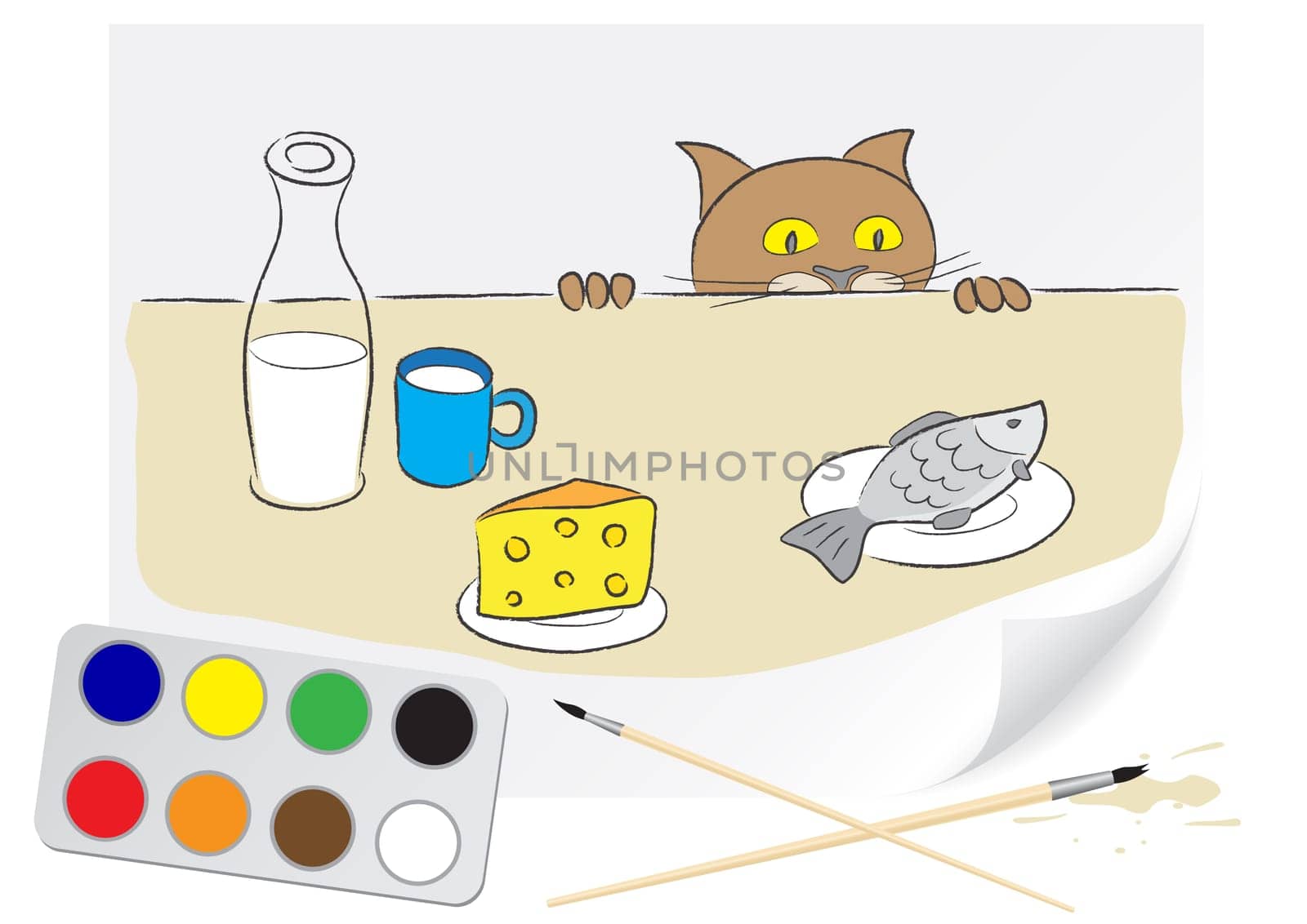 Children drawing a hungry cat a brush paints on a paper
