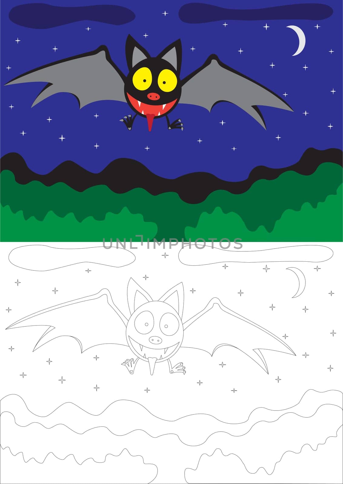 Painting for children a bat, a night landscape