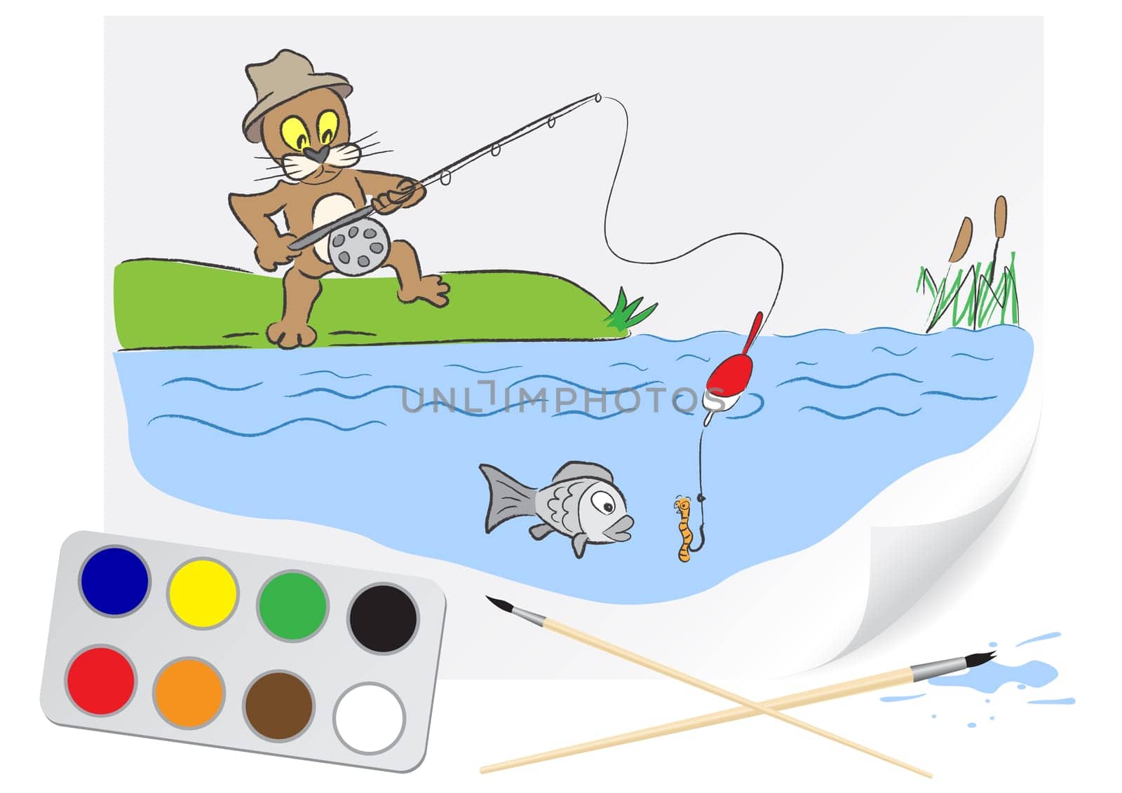Children drawing a hungry cat fishing a brush paints on a paper