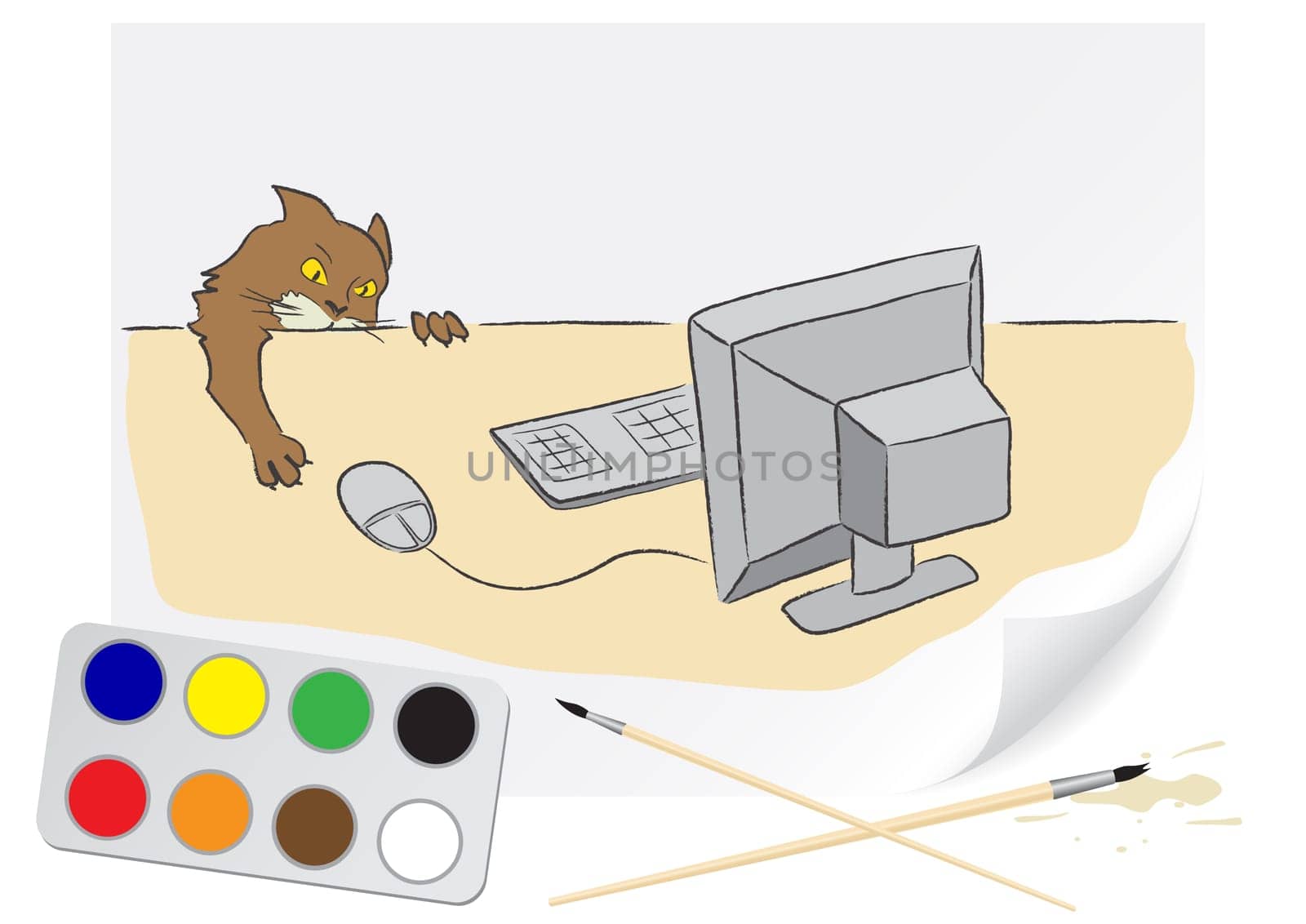 Children drawing of cat and computer a brush paints on a paper