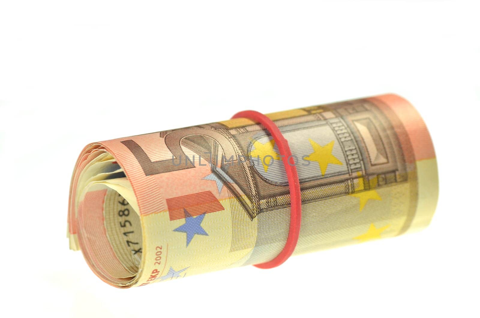 roll of euro banknotes isolated on white