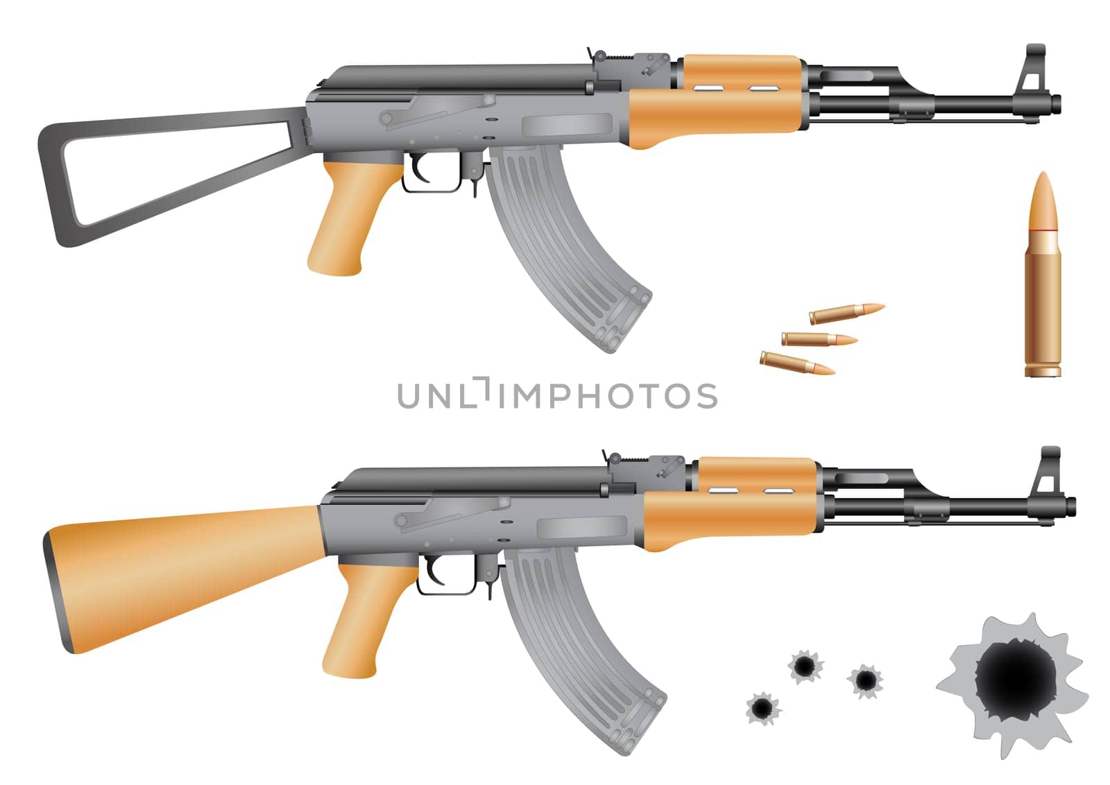 Ak-47, bullets and gunshot holes isolated on the white background