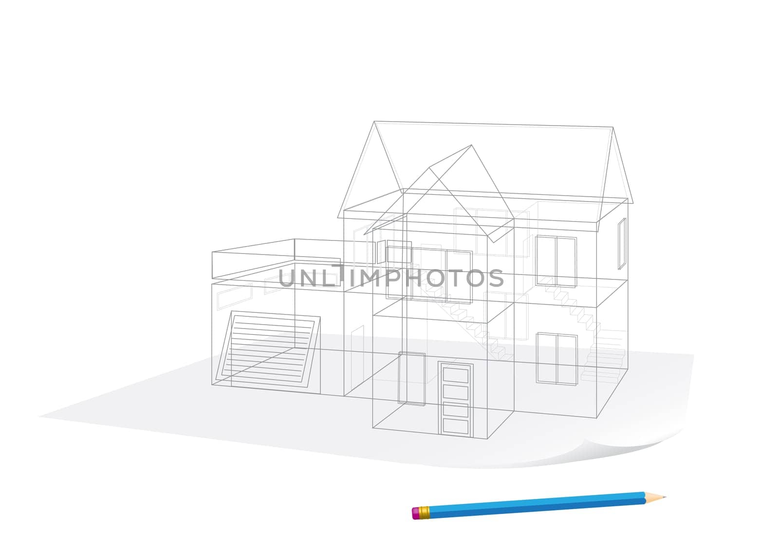 Abstract transparent house sketch drawing with pen on white background