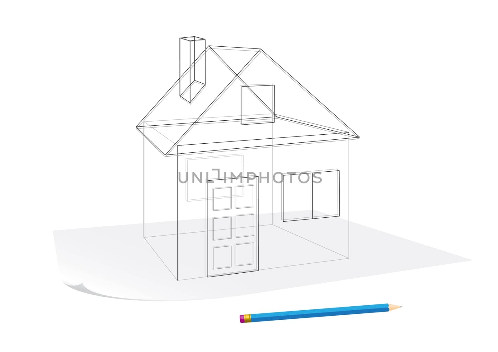 Abstract transparent house sketch drawing with pen on a paper