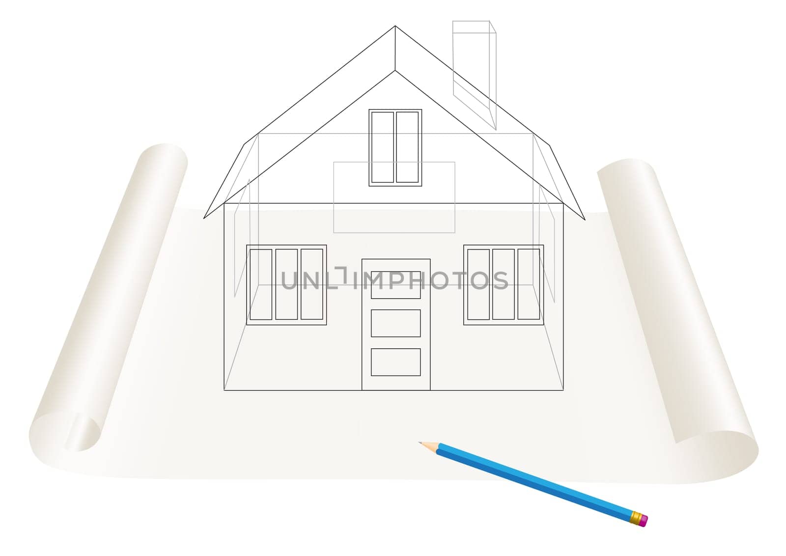 Abstract transparent house sketch drawing with pen on a paper roll