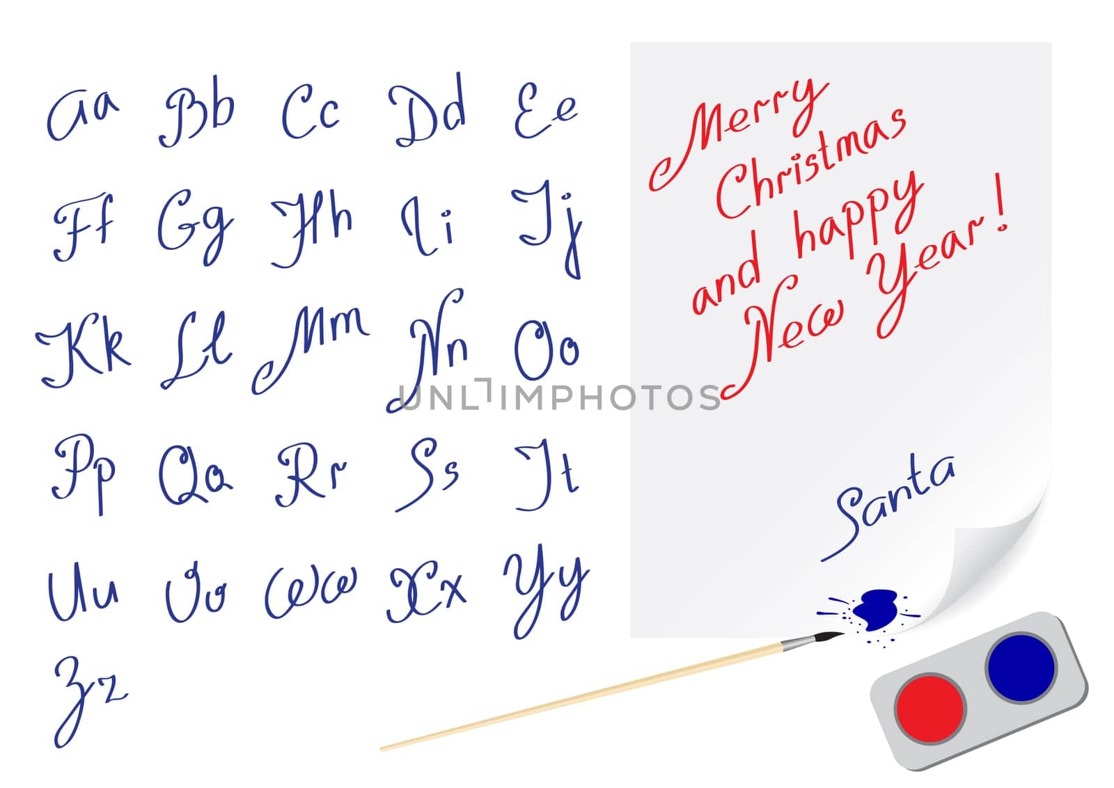 Alphabet hand-written font for writing and example of text