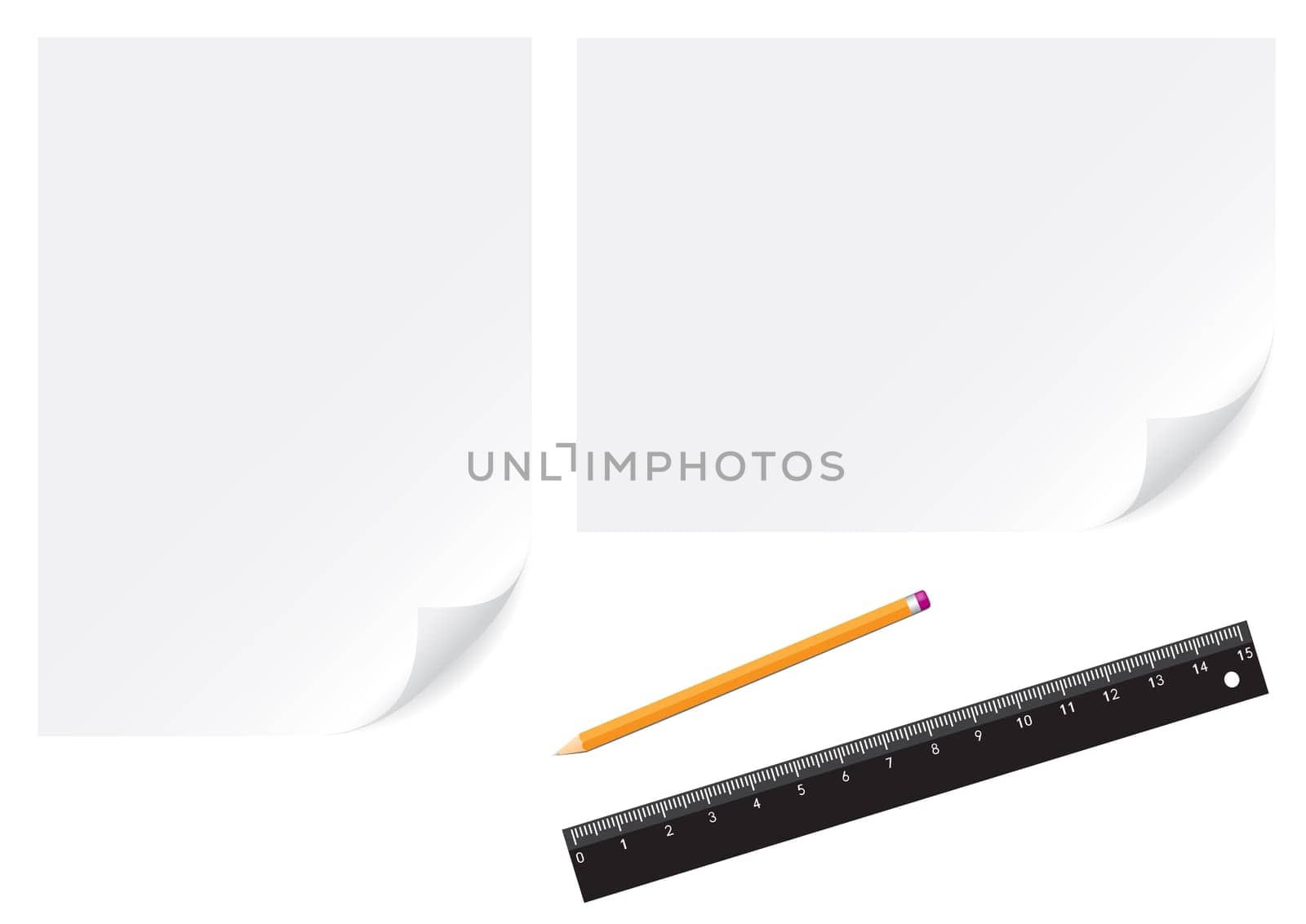 Paper, pencil and ruler isolated on the white background