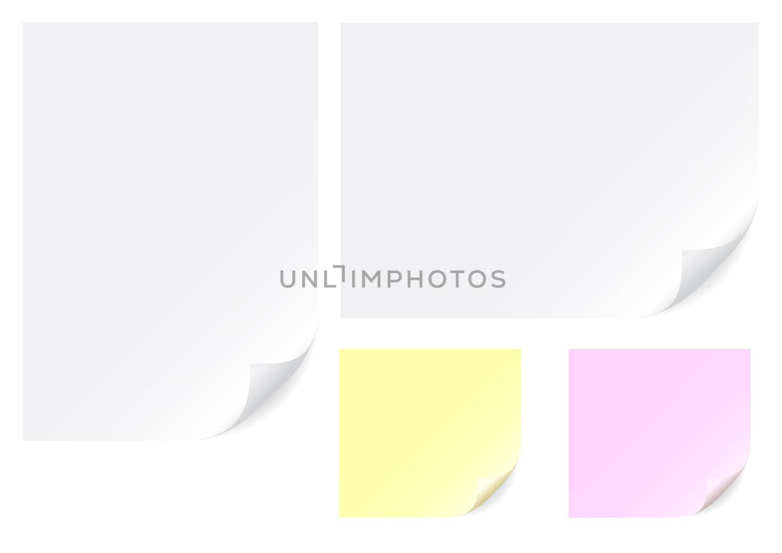 White, yellow and pink empty paper isolated on the white background