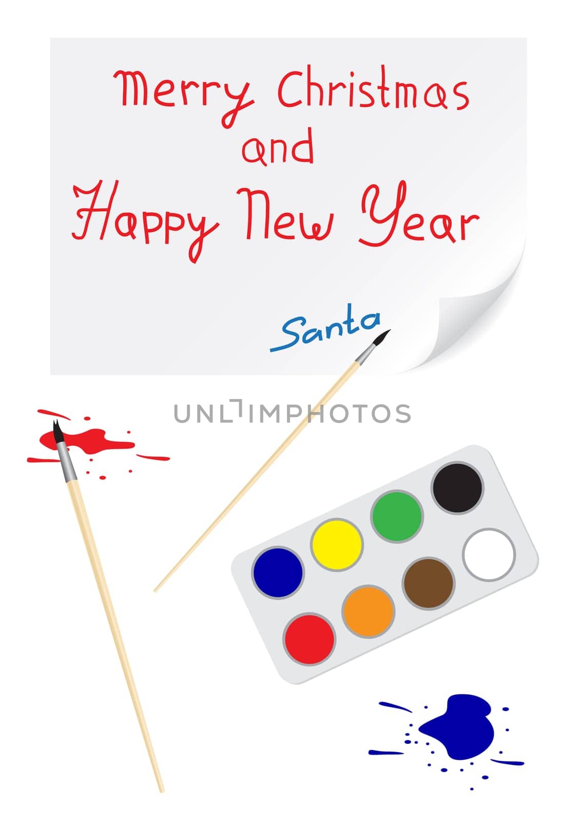 Childrens drawing a brush with a Christmas and happy New Year and the signature santa
