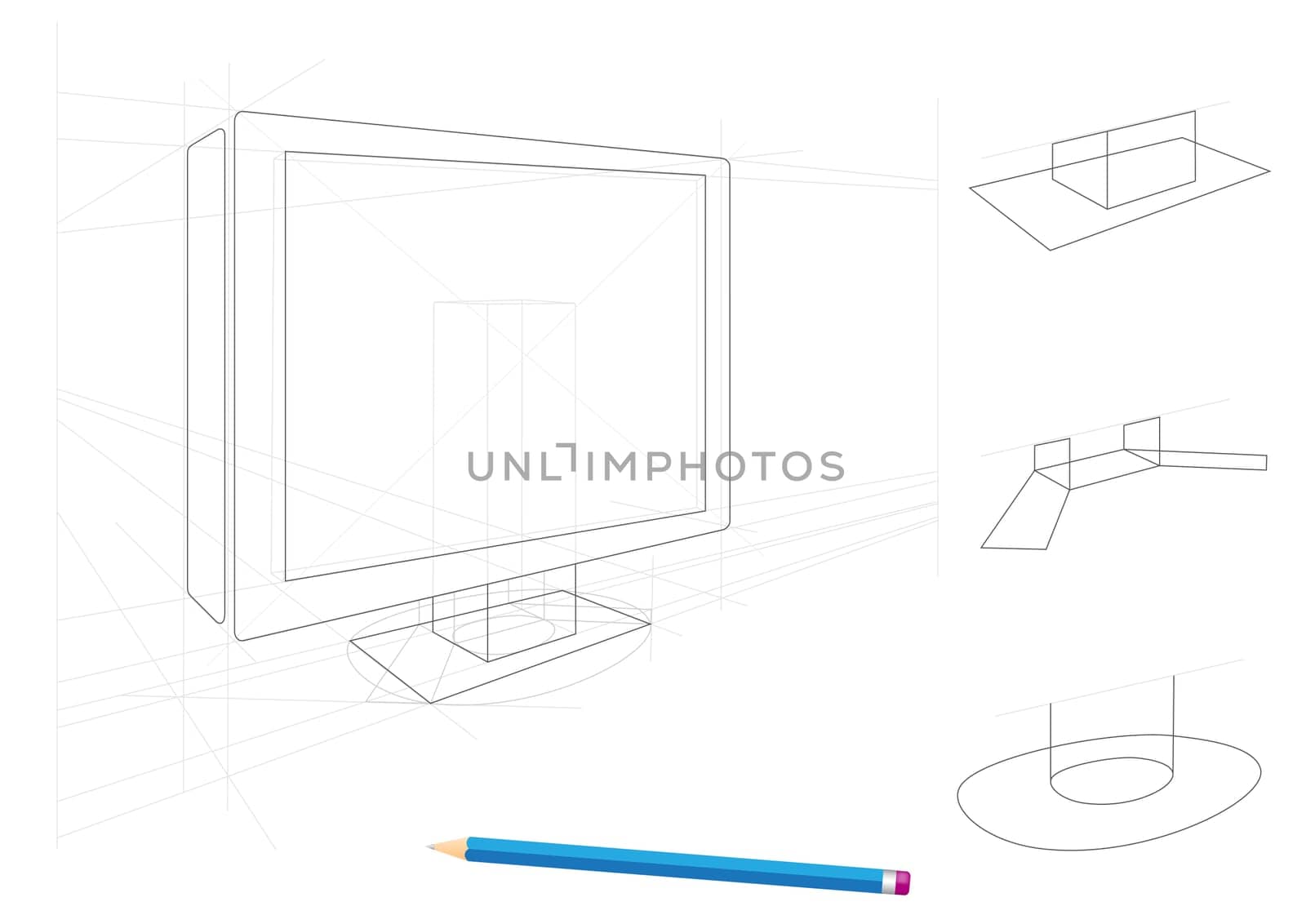 Sketch of tv and holders drawn by a pencil isolated on white