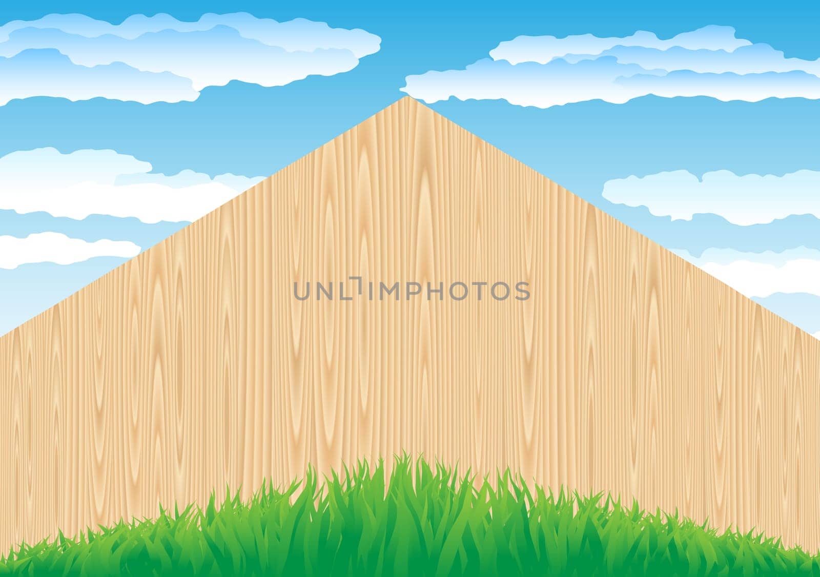 The wood fence and the green grass on blue sky background
