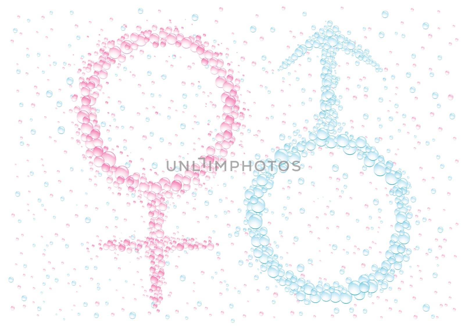 Man's and female symbol on the white drops background