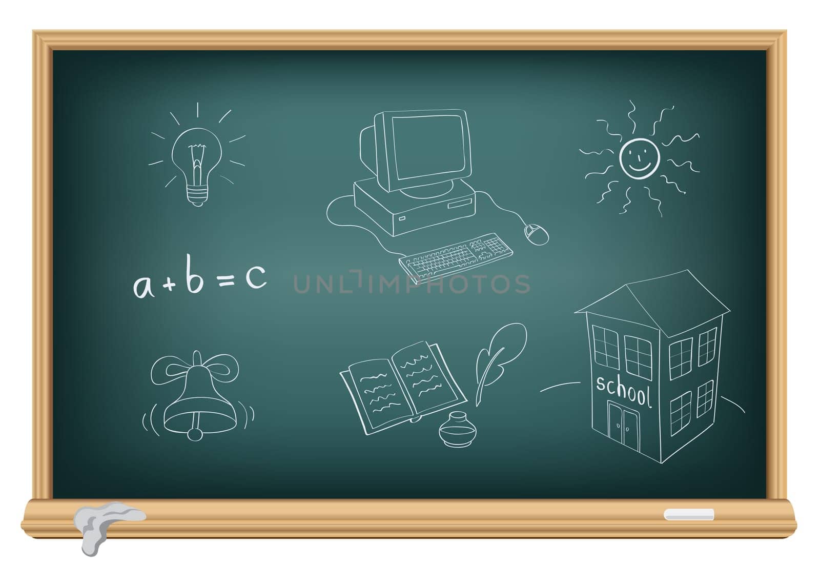 Drawing school subjects by a chalk on the classroom blackboard