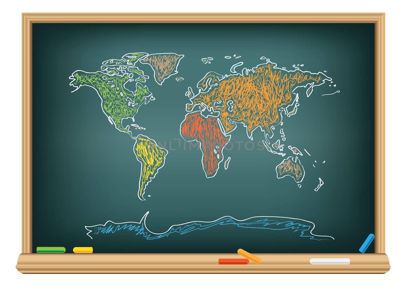 Drawing world map by a chalk on the classroom blackboard
